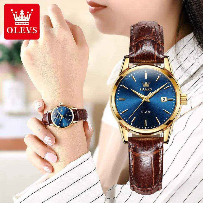 OLEVS-Relógio de quartzo de couro impermeável feminino, relógio de pulso respirável, marca top, luxo - HalloStore