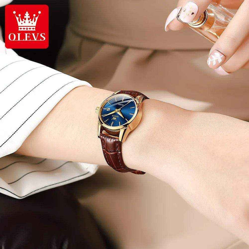OLEVS-Relógio de quartzo de couro impermeável feminino, relógio de pulso respirável, marca top, luxo - HalloStore